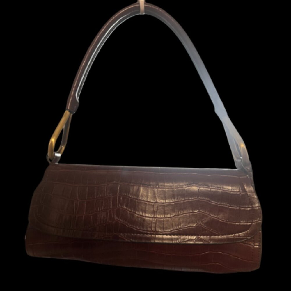 Faux Burgundy/Brown Leather Shoulder Bag with Gold Hardware